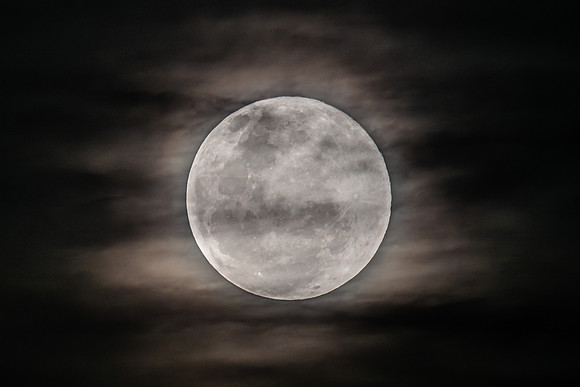 The Harvest Moon supermoon rises in the cloud covered sky