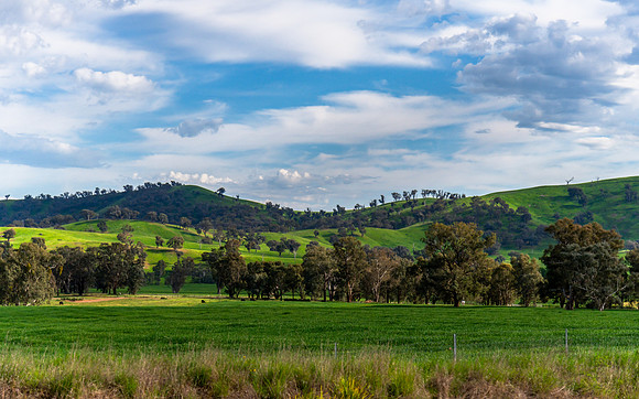 Riverina Countryside in Spring – Green Hills Under Clouded Ski