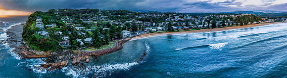 Sunrise panorama of coastal suburb Avoca Beach