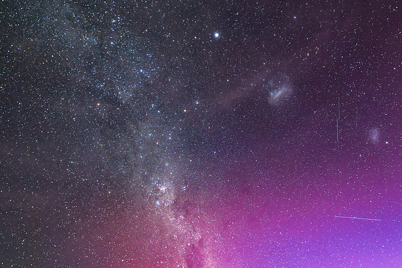 A Pink Aurora Australis and the Milky Way Shimmers in the Night