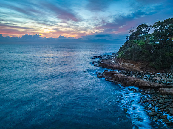 Dawn Seascape in pinks and blue with High Clouds