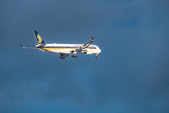 Singapore Airlines aircraft in the afternoon sky with wheels dow