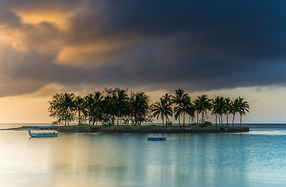 Tropical Sunrise with Island and Palm Trees