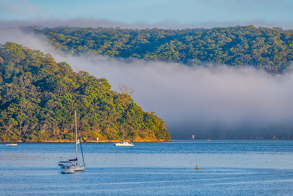 Early morning fog rolling through the Pittwater at Palm Beach