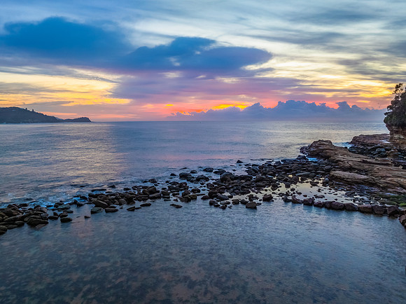 Aerial Sunrise Seascape Shrouded in Fog and High Clouds
