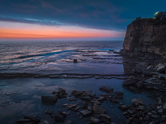Hazy Summer Sunrise Seascape and Rocky Inlet