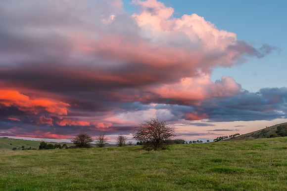 Winter Sunset views over rural farmland with clouds