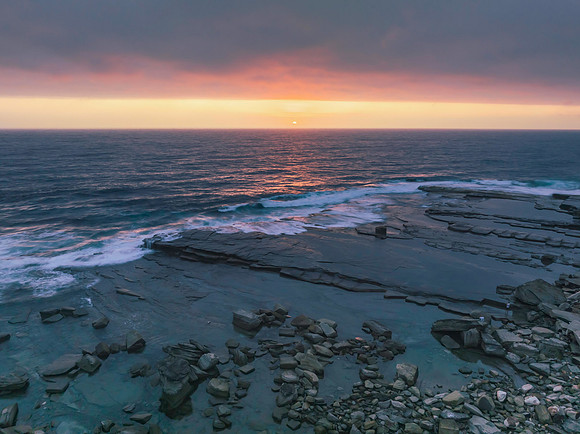 Hazy Summer Sunrise Seascape and Rocky Inlet
