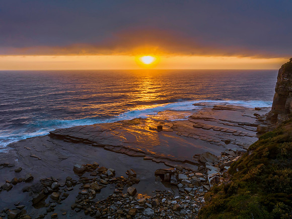 Hazy Summer Sunrise Seascape and Rocky Inlet