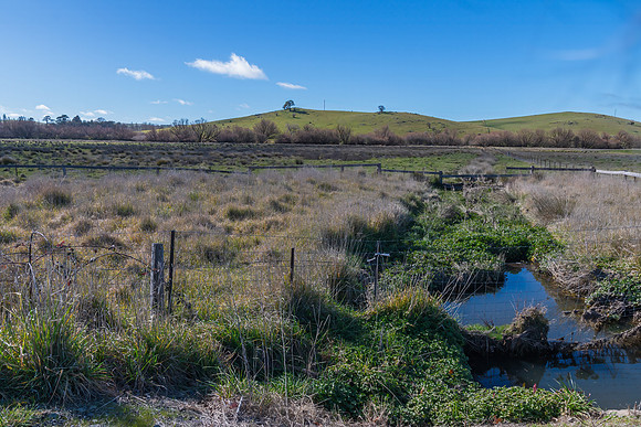 Rural countryside with hills and fences