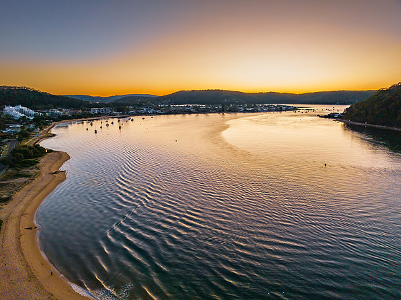 Aerial sunrise at the waterfront