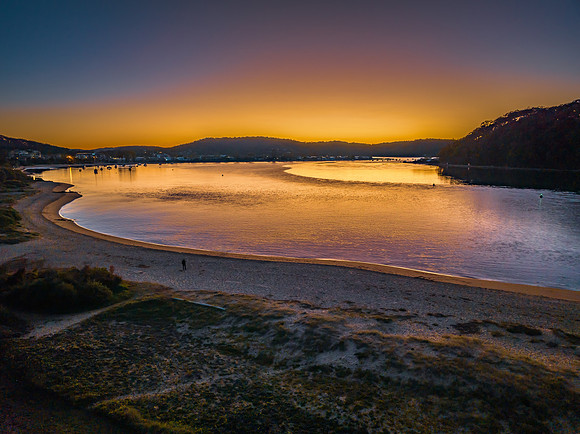 Aerial sunrise at the waterfront