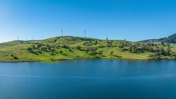 Aerial scenic views over Carcoar Dam with blue sky