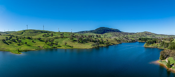 Aerial scenic views over Carcoar Dam with blue sky