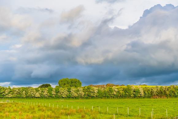 Spring landscape in the countryside with rain clouds