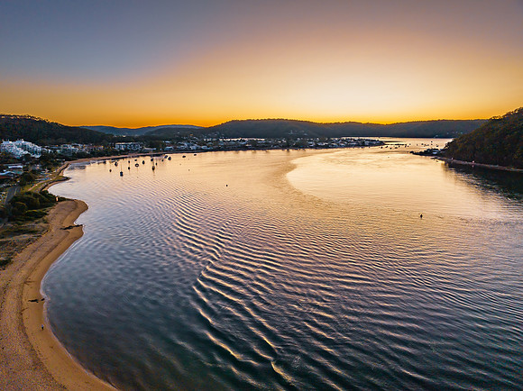 Aerial sunrise at the waterfront