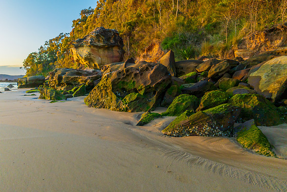 Aerial sunrise at the beach with green moss covered rocks