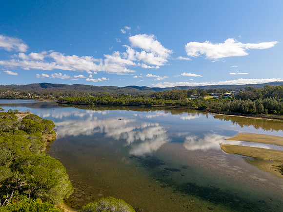 Aerial views over Aislings Beach and Curalo Lagoon in Eden