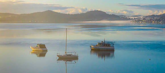 Boats and fog drifting over the bay
