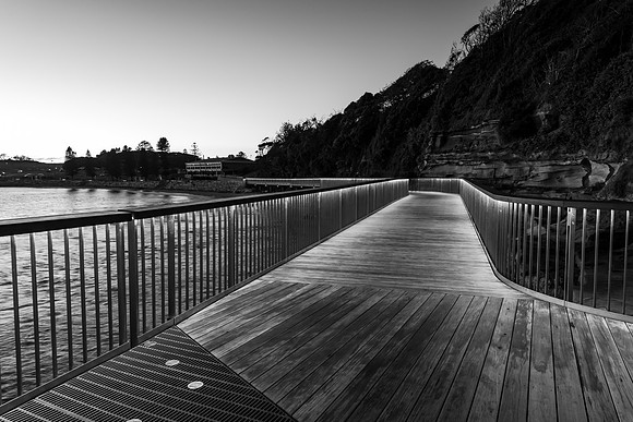 Clear Skies Sunrise at Terrigal Boardwalk in Black and White