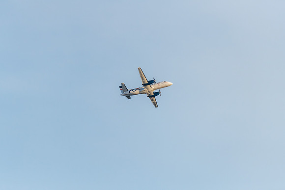 REX airplane flying in pale blue sky