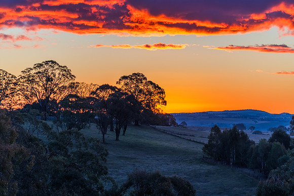 Sunset over the farm land with trees and paddocks