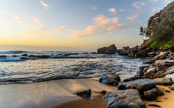 Dawn Seascape with Rocks and Reflections