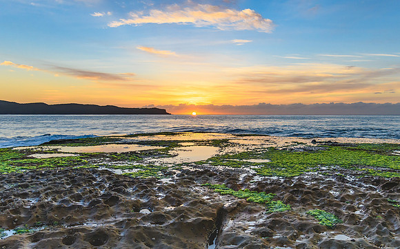 Sunrise Seascape and Mossy Green Rock Platform
