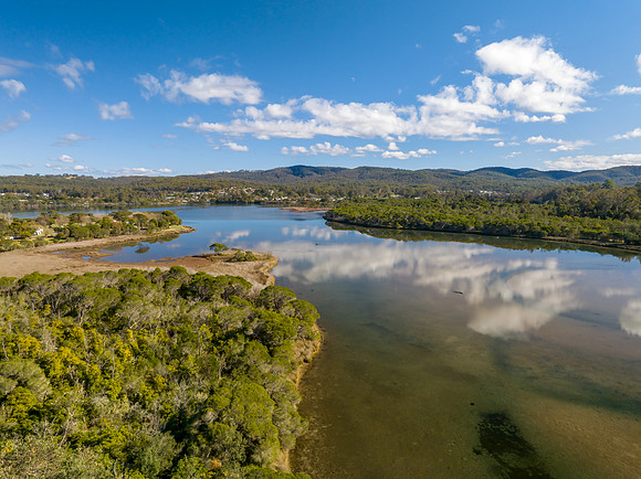 Aerial views over Aislings Beach and Curalo Lagoon in Eden