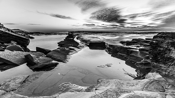 Rocky Daybreak Seascape in Black and White