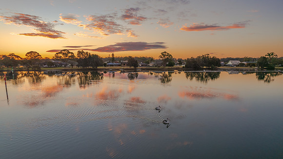 Ohmas Bay Sunset with Clouds, Pelicans and Reflections