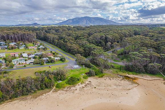 Small coastal town with national park and mountain