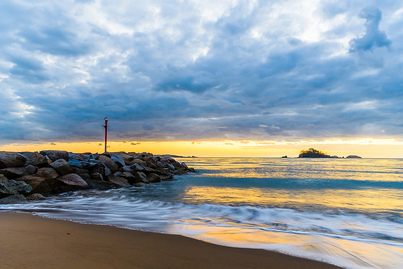Dawn Seascape with Island and Breakwall