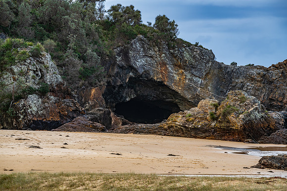A winters day at Mystery Bay with a beach sea cave
