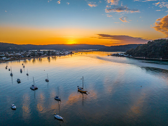 Sunrise views over the channel and bay with boats