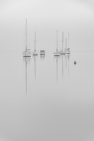Fog, sunrise and boats on the bay