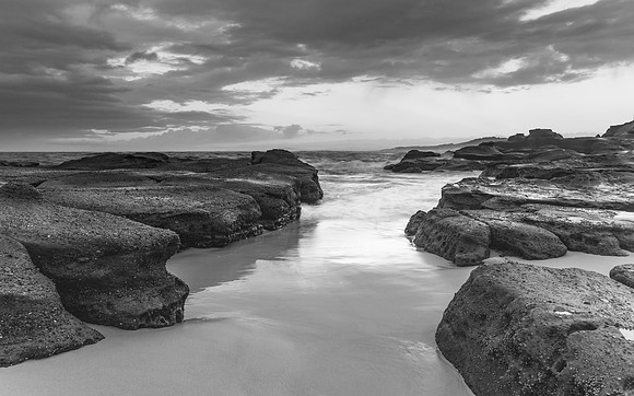 Moody and Cloudy  Morning Seascape in Black and White