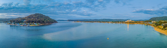 Aerial sunrise panorama over Brisbane Water between Wagstaffe an