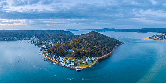 Aerial sunrise panorama over Wagstaffe from Ettalong Beach