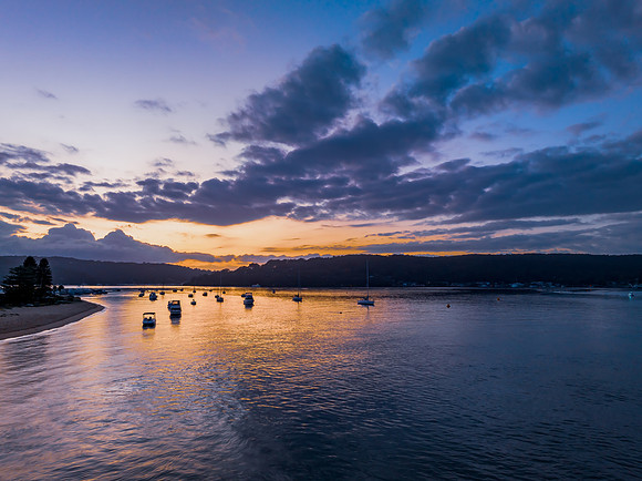 Aerial sunrise over Brisbane Water between Ettalong Beach and Wa