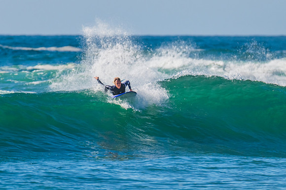 Clear blue skies and surfs up at the seaside