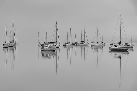 Fog, sunrise and boats on the bay in black and white