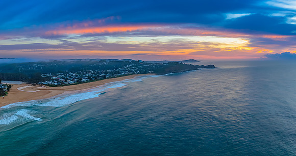 Aerial Sunrise Seascape Shrouded in Fog and High Clouds