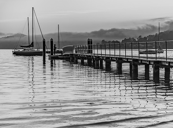 Low Clouds and Wharf Waterscape in Black and White