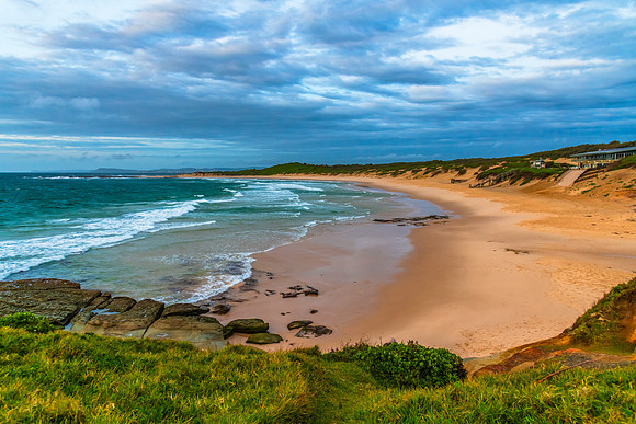 Sunrise seascape with strong southerly winds