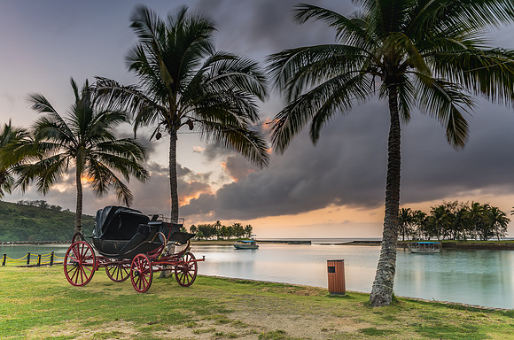 Tropical Sunrise with Island,  Palm Trees and Vintage Carriage