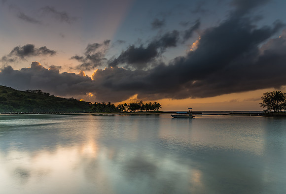 Tropical Sunrise with Island and Palm Trees