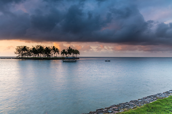 Tropical Sunrise with Island and Palm Trees