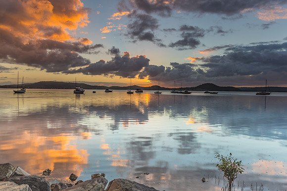 Sunrise and Cloudy Morning on the Bay with Boats