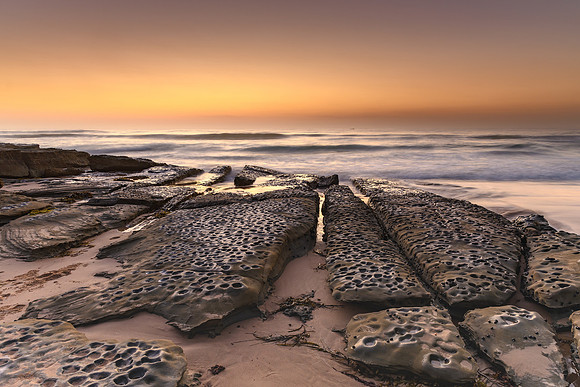 Beach Seascape and Rock Ledge in Soft Shades of Brown